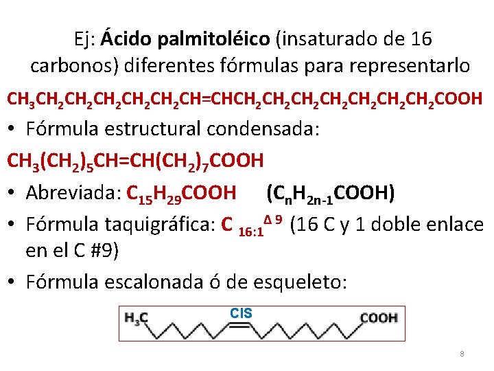 Ej: Ácido palmitoléico (insaturado de 16 carbonos) diferentes fórmulas para representarlo CH 3 CH