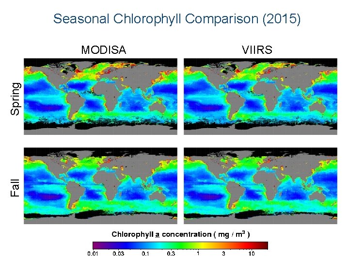 Seasonal Chlorophyll Comparison (2015) Fall Spring MODISA VIIRS 