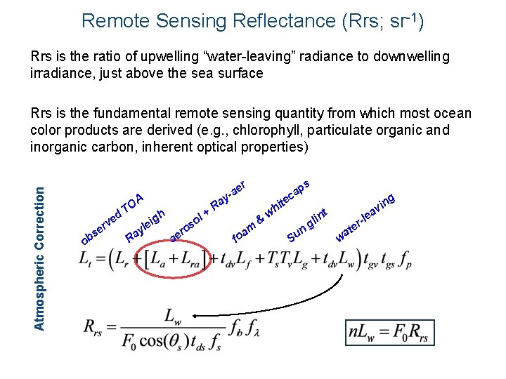 Remote Sensing Reflectance (Rrs; sr-1) Rrs is the ratio of upwelling “water-leaving” radiance to