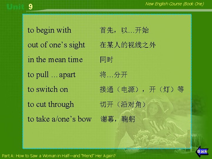 New English Course (Book One) 9 to begin with 首先，以…开始 out of one’s sight