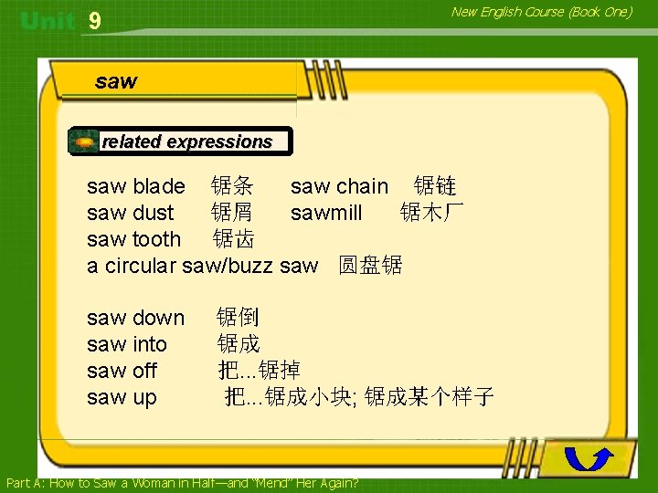 New English Course (Book One) 9 saw related expressions saw blade 锯条 saw chain