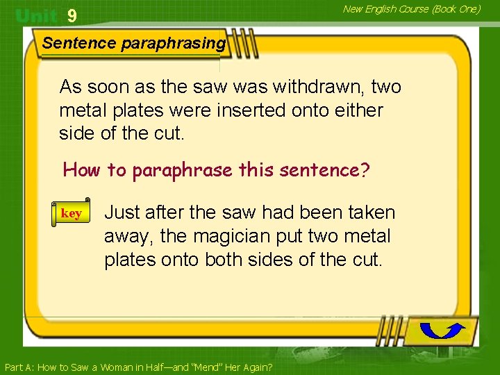 New English Course (Book One) 9 Sentence paraphrasing As soon as the saw was