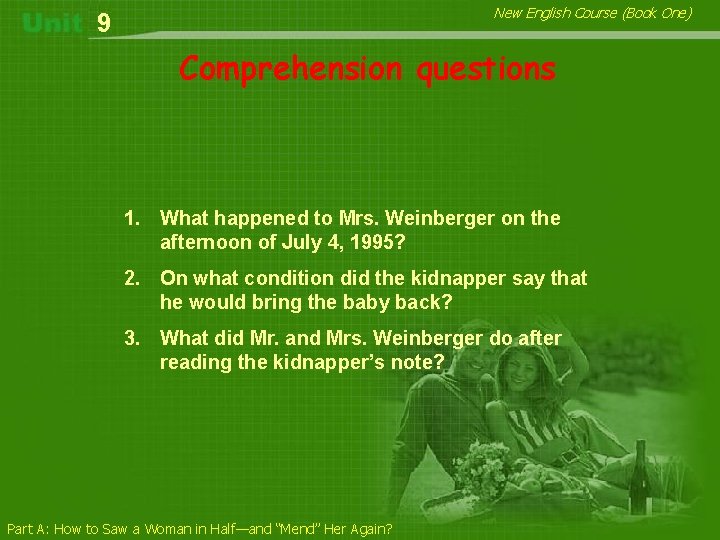 New English Course (Book One) 9 Comprehension questions 1. What happened to Mrs. Weinberger