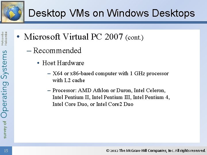 Desktop VMs on Windows Desktops • Microsoft Virtual PC 2007 (cont. ) – Recommended
