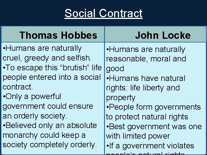 Social Contract Thomas Hobbes • Humans are naturally cruel, greedy and selfish. • To