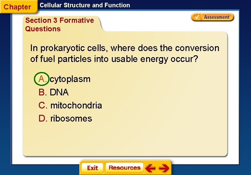 Chapter Cellular Structure and Function Section 3 Formative Questions In prokaryotic cells, where does