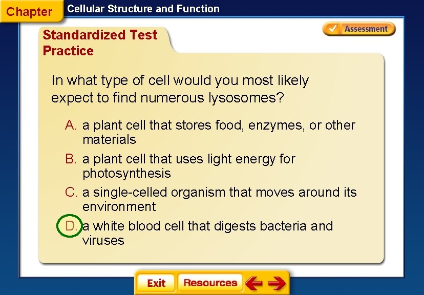 Chapter Cellular Structure and Function Standardized Test Practice In what type of cell would