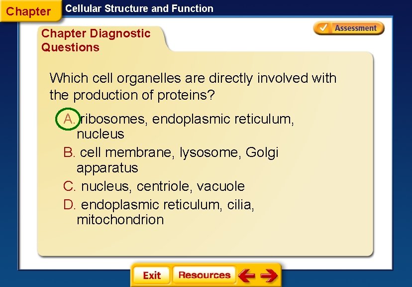 Chapter Cellular Structure and Function Chapter Diagnostic Questions Which cell organelles are directly involved