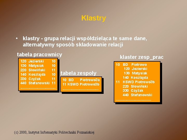 Klastry • klastry - grupa relacji współdzieląca te same dane, alternatywny sposób składowanie relacji