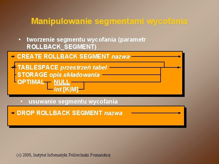 Manipulowanie segmentami wycofania • tworzenie segmentu wycofania (parametr ROLLBACK_SEGMENT) CREATE ROLLBACK SEGMENT nazwa TABLESPACE