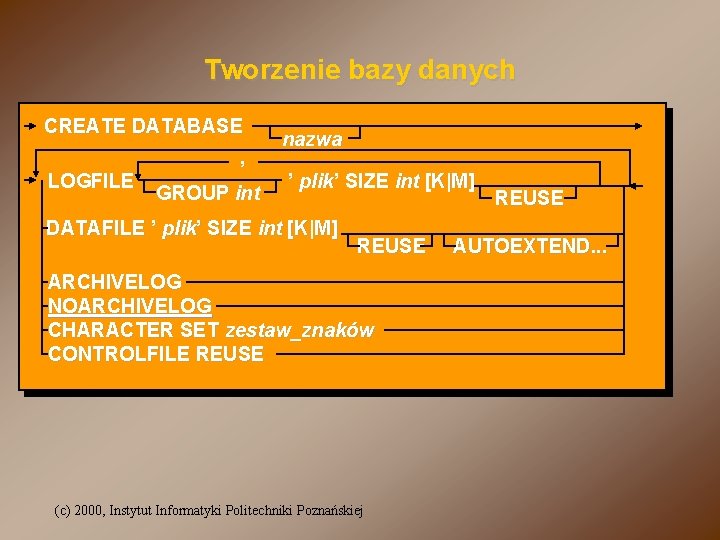 Tworzenie bazy danych CREATE DATABASE , LOGFILE GROUP int nazwa ’ plik’ SIZE int