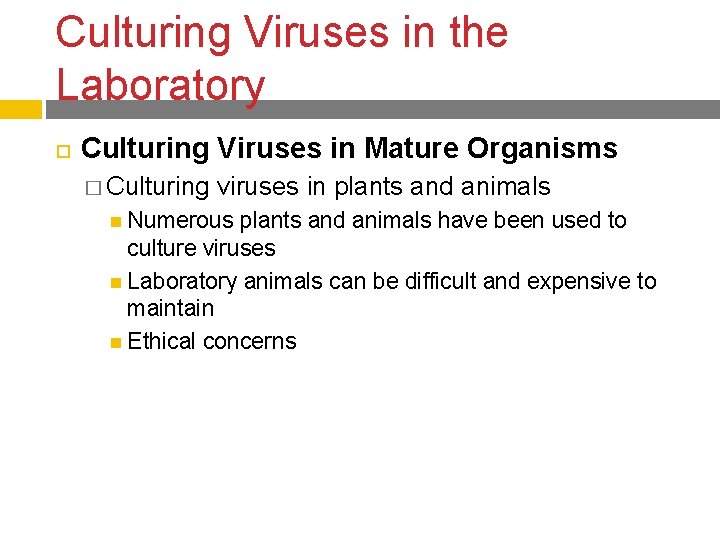 Culturing Viruses in the Laboratory Culturing Viruses in Mature Organisms � Culturing viruses in
