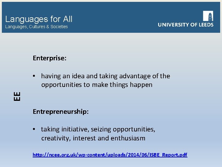 Languages for All Languages, Cultures & Societies Enterprise: EE • having an idea and