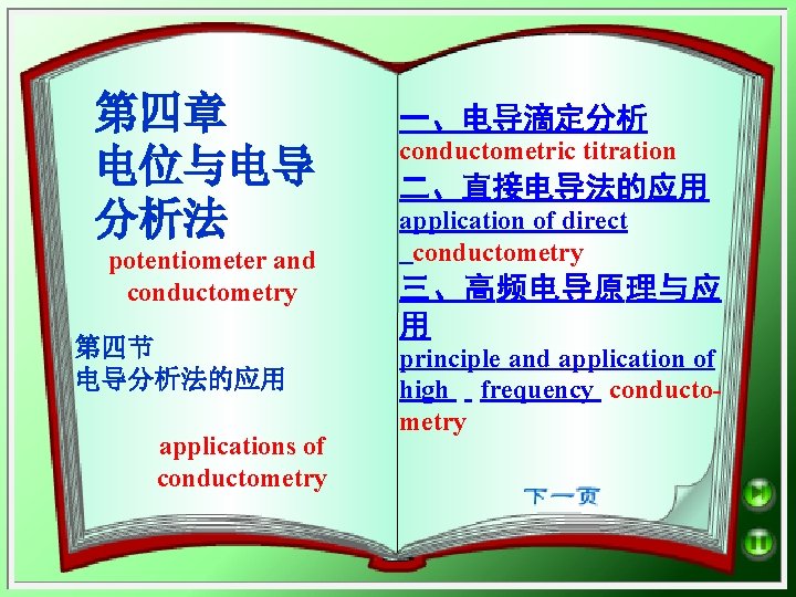 第四章 电位与电导 分析法 potentiometer and conductometry 第四节 电导分析法的应用 applications of conductometry 一、电导滴定分析 conductometric titration