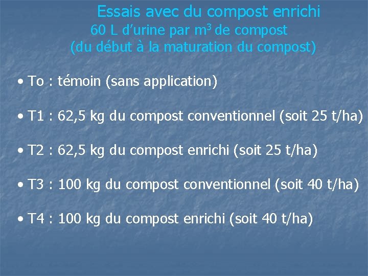 Essais avec du compost enrichi 60 L d’urine par m 3 de compost (du