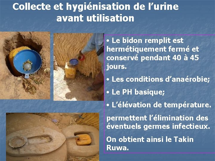 Collecte et hygiénisation de l’urine avant utilisation • Le bidon remplit est hermétiquement fermé