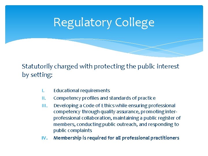 Regulatory College Statutorily charged with protecting the public interest by setting: I. III. IV.