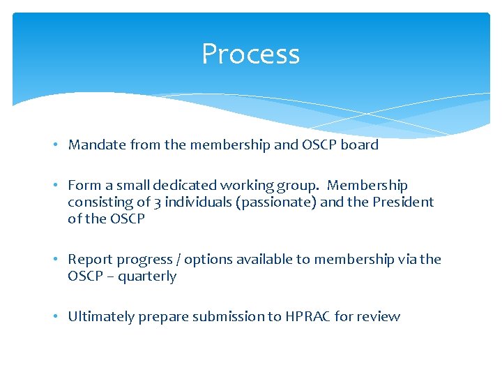 Process • Mandate from the membership and OSCP board • Form a small dedicated