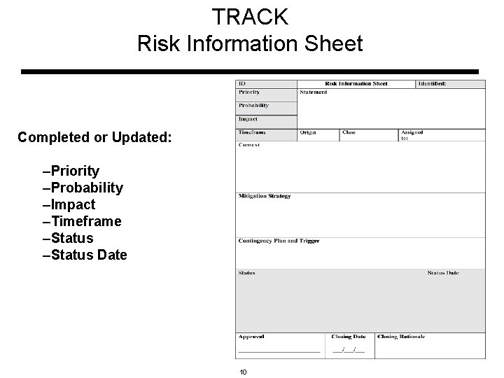 TRACK Risk Information Sheet Completed or Updated: –Priority –Probability –Impact –Timeframe –Status Date 10