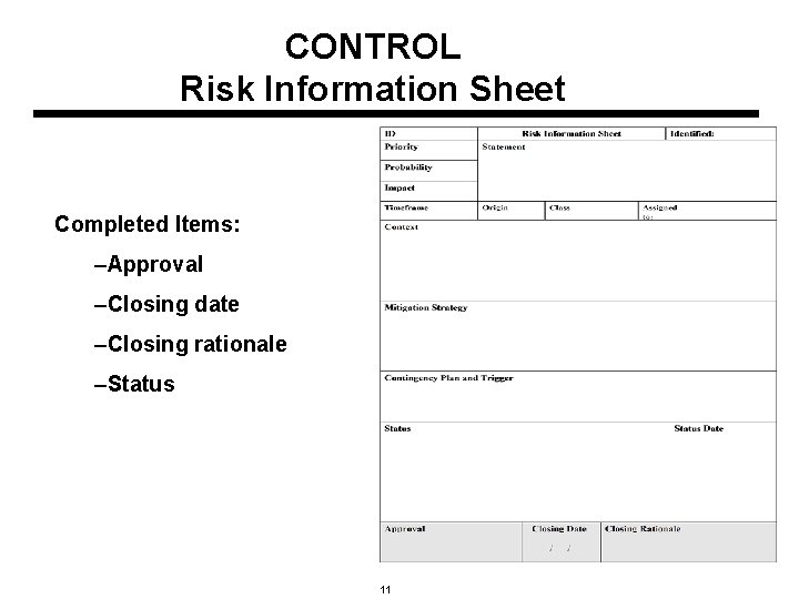 CONTROL Risk Information Sheet Completed Items: –Approval –Closing date –Closing rationale –Status 11 