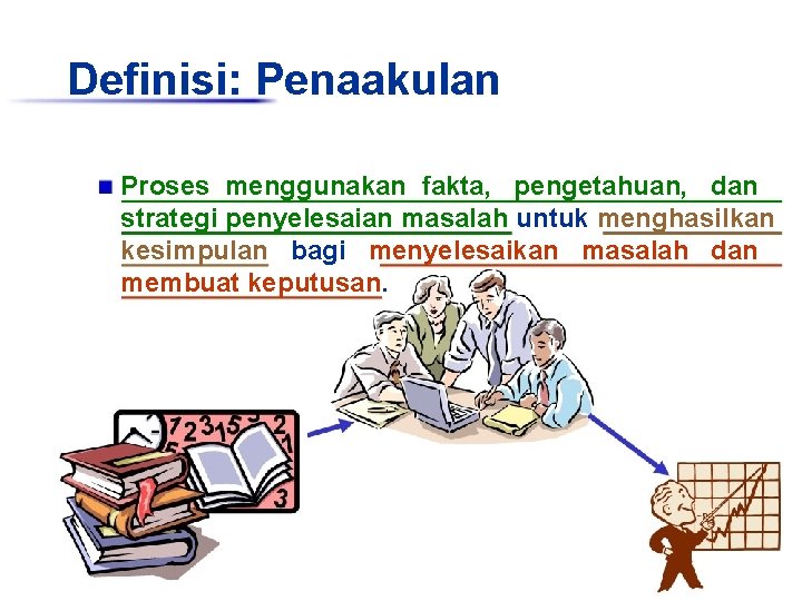 Definisi: Penaakulan Proses menggunakan fakta, pengetahuan, dan strategi penyelesaian masalah untuk menghasilkan kesimpulan bagi