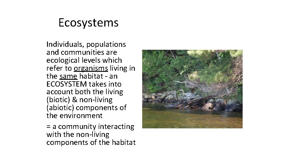 Ecosystems Individuals, populations and communities are ecological levels which refer to organisms living in