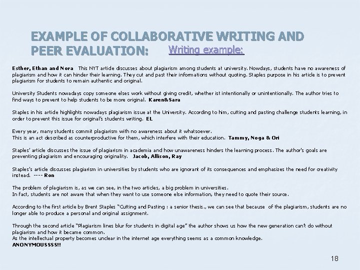 EXAMPLE OF COLLABORATIVE WRITING AND Writing example: PEER EVALUATION: Esther, Ethan and Nora This