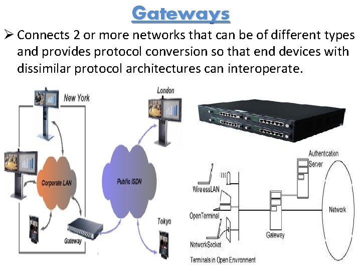 Gateways Ø Connects 2 or more networks that can be of different types and