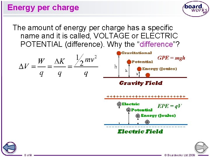 Energy per charge The amount of energy per charge has a specific name and