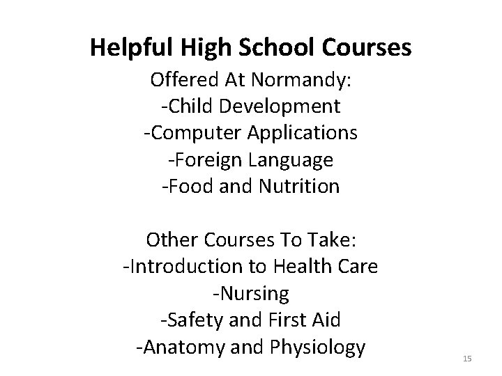 Helpful High School Courses Offered At Normandy: -Child Development -Computer Applications -Foreign Language -Food