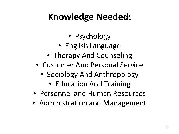 Knowledge Needed: • Psychology • English Language • Therapy And Counseling • Customer And