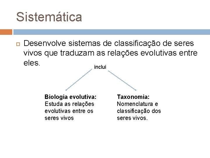 Sistemática Desenvolve sistemas de classificação de seres vivos que traduzam as relações evolutivas entre