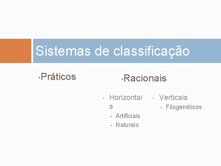 Sistemas de classificação • Práticos • • Racionais Horizontai s • • Artificiais Naturais