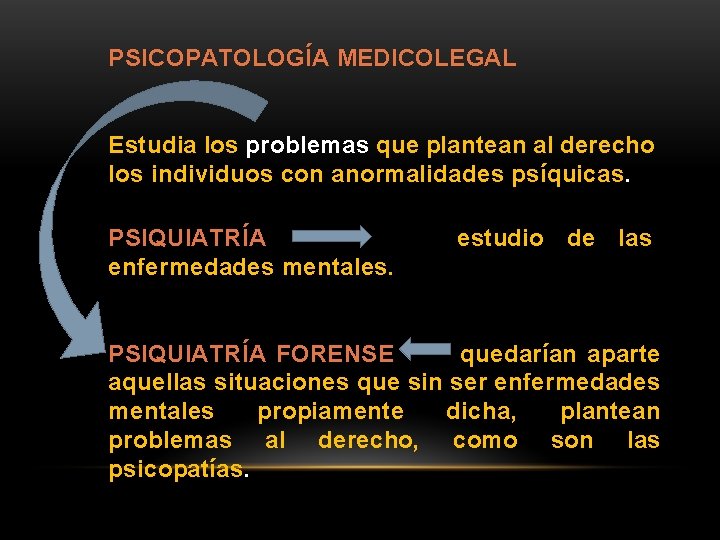 PSICOPATOLOGÍA MEDICOLEGAL Estudia los problemas que plantean al derecho los individuos con anormalidades psíquicas.