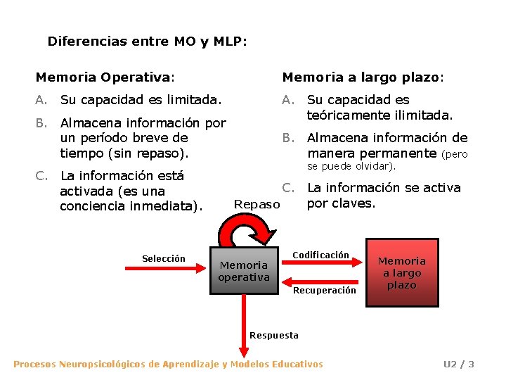 Diferencias entre MO y MLP: Memoria Operativa: Operativa Memoria a largo plazo: plazo A.