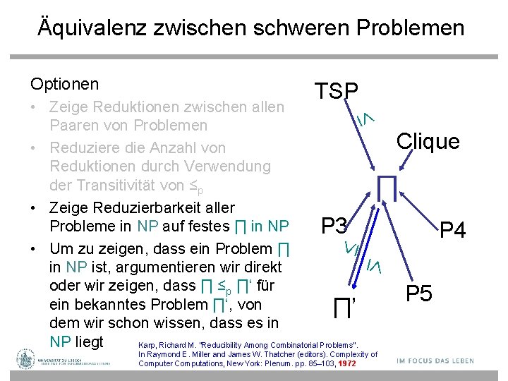 Äquivalenz zwischen schweren Problemen Optionen TSP • Zeige Reduktionen zwischen allen Paaren von Problemen