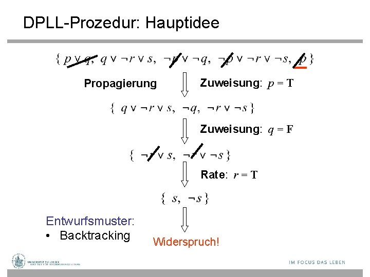 DPLL-Prozedur: Hauptidee Propagierung Zuweisung: p = T Zuweisung: q = F Rate: r =