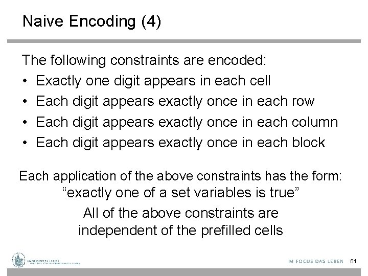 Naive Encoding (4) The following constraints are encoded: • Exactly one digit appears in