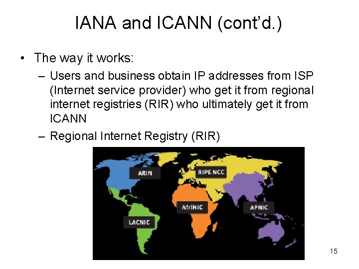 IANA and ICANN (cont’d. ) • The way it works: – Users and business