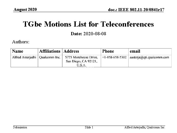 August 2020 doc. : IEEE 802. 11 -20/0841 r 17 TGbe Motions List for