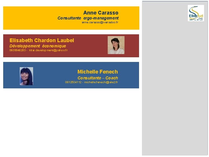 Anne Carasso Consultante ergo-management anne. carasso@wanadoo. fr Elisabeth Chardon Laubel Développement économique 0609946283 -