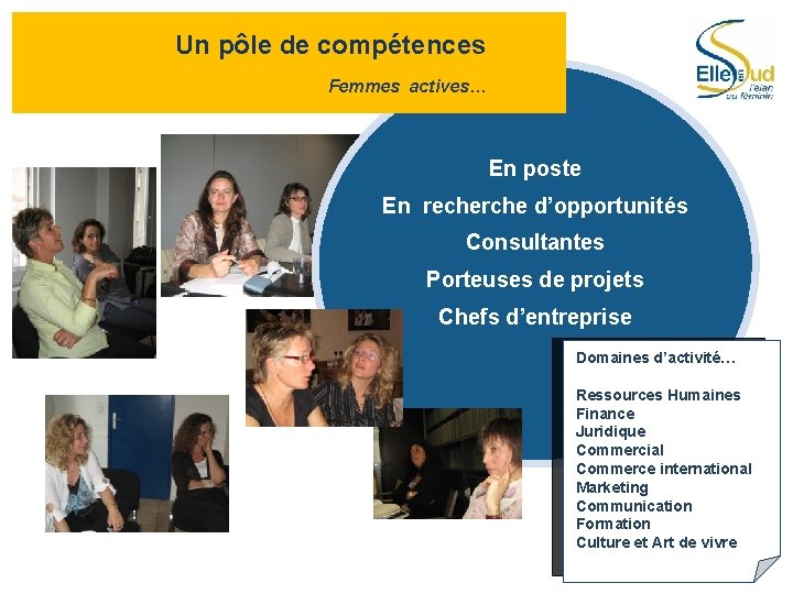 Un pôle de compétences Femmes actives… En poste En recherche d’opportunités Consultantes Porteuses de