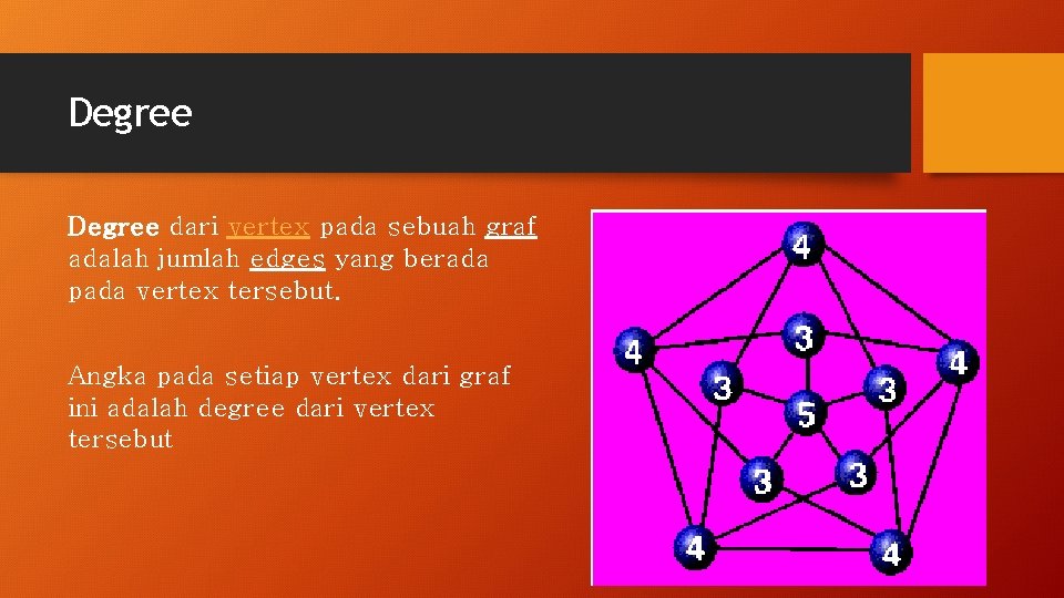 Degree dari vertex pada sebuah graf adalah jumlah edges yang berada pada vertex tersebut.