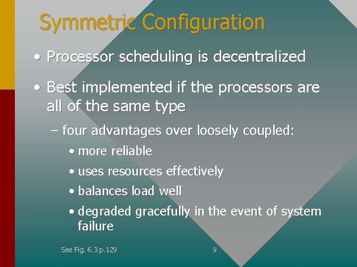 Symmetric Configuration • Processor scheduling is decentralized • Best implemented if the processors are