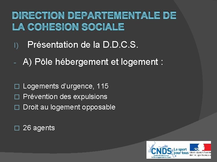 DIRECTION DEPARTEMENTALE DE LA COHESION SOCIALE I) - Présentation de la D. D. C.