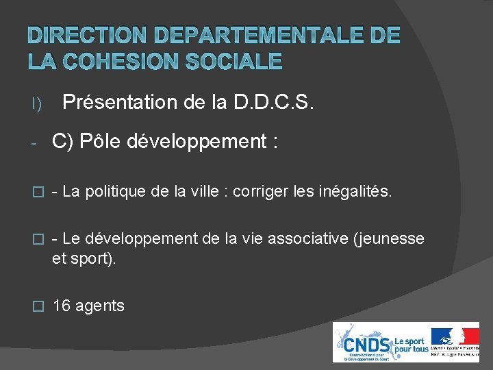 DIRECTION DEPARTEMENTALE DE LA COHESION SOCIALE I) Présentation de la D. D. C. S.