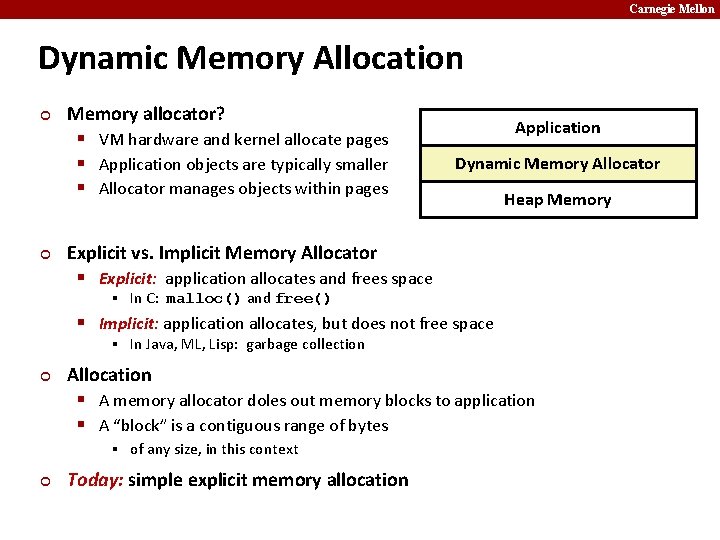 Carnegie Mellon Dynamic Memory Allocation ¢ ¢ Memory allocator? § VM hardware and kernel