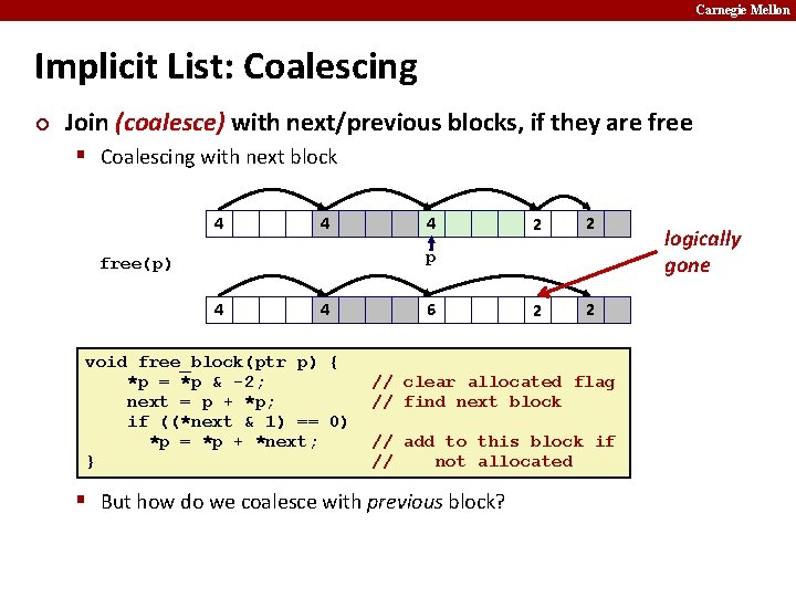 Carnegie Mellon Implicit List: Coalescing ¢ Join (coalesce) with next/previous blocks, if they are