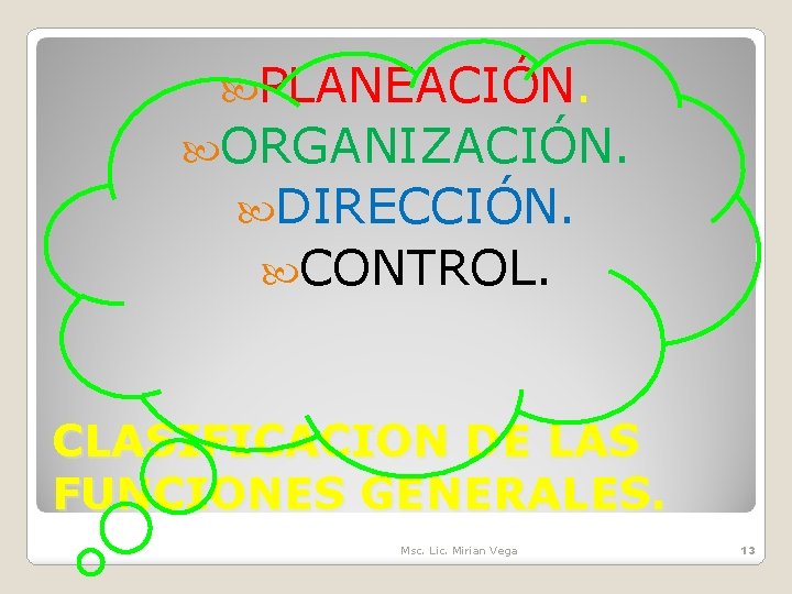  PLANEACIÓN. ORGANIZACIÓN. DIRECCIÓN. CONTROL. CLASIFICACION DE LAS FUNCIONES GENERALES. Msc. Lic. Mirian Vega