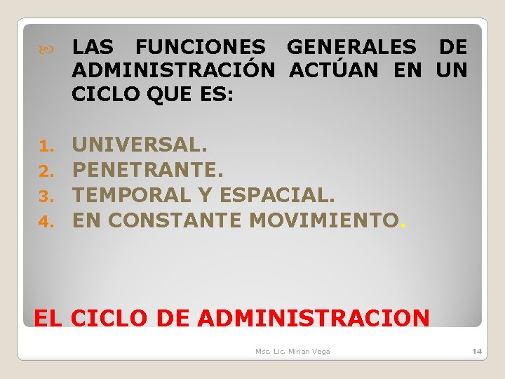  LAS FUNCIONES GENERALES DE ADMINISTRACIÓN ACTÚAN EN UN CICLO QUE ES: UNIVERSAL. 2.